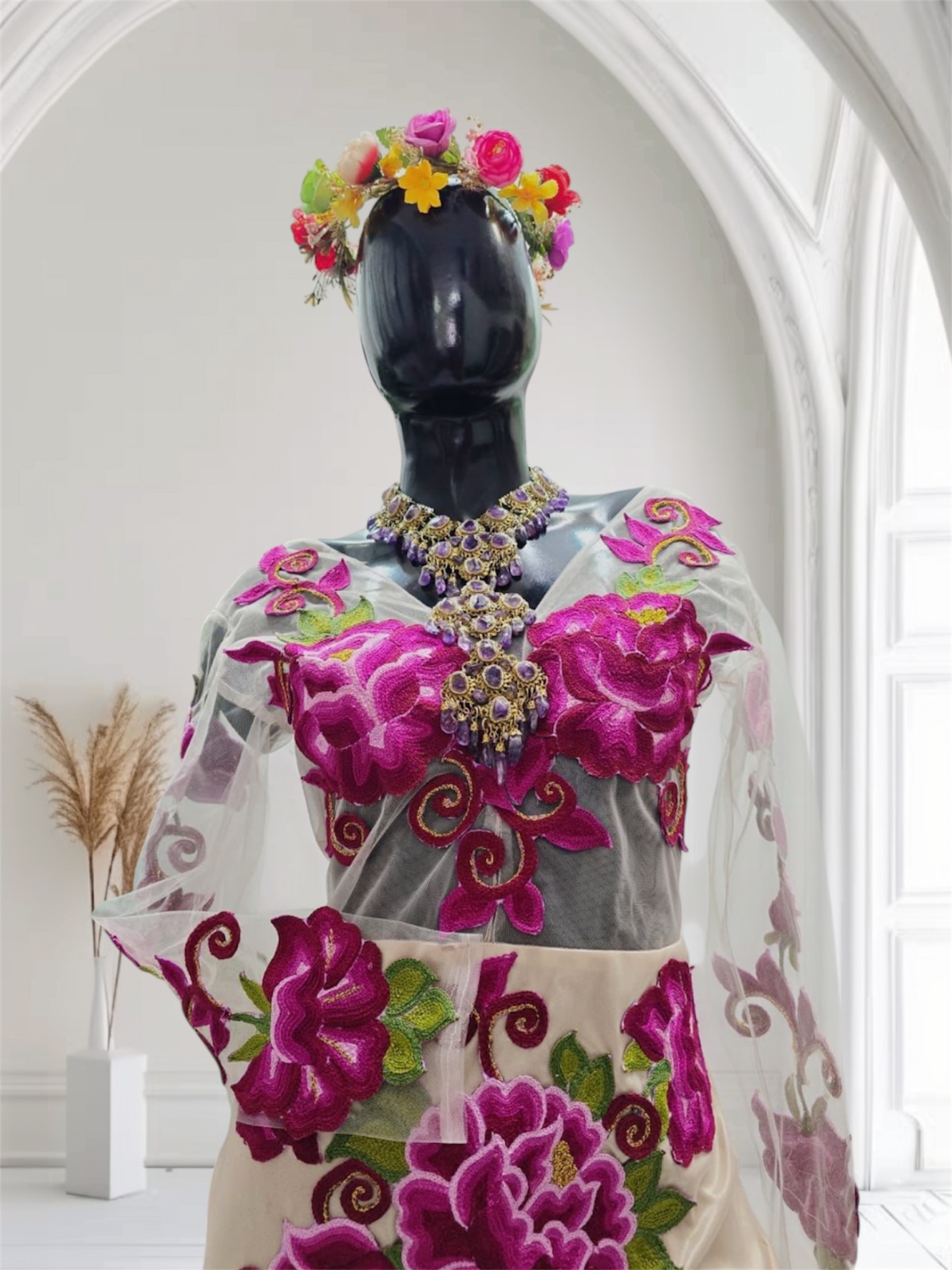 Vestido largo de gala con Bordado Istmeño