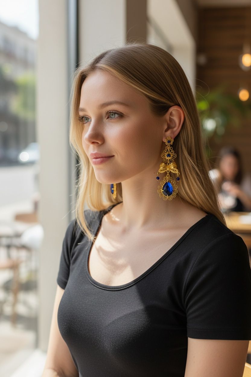 Pendientes moño gota con  piedras azules