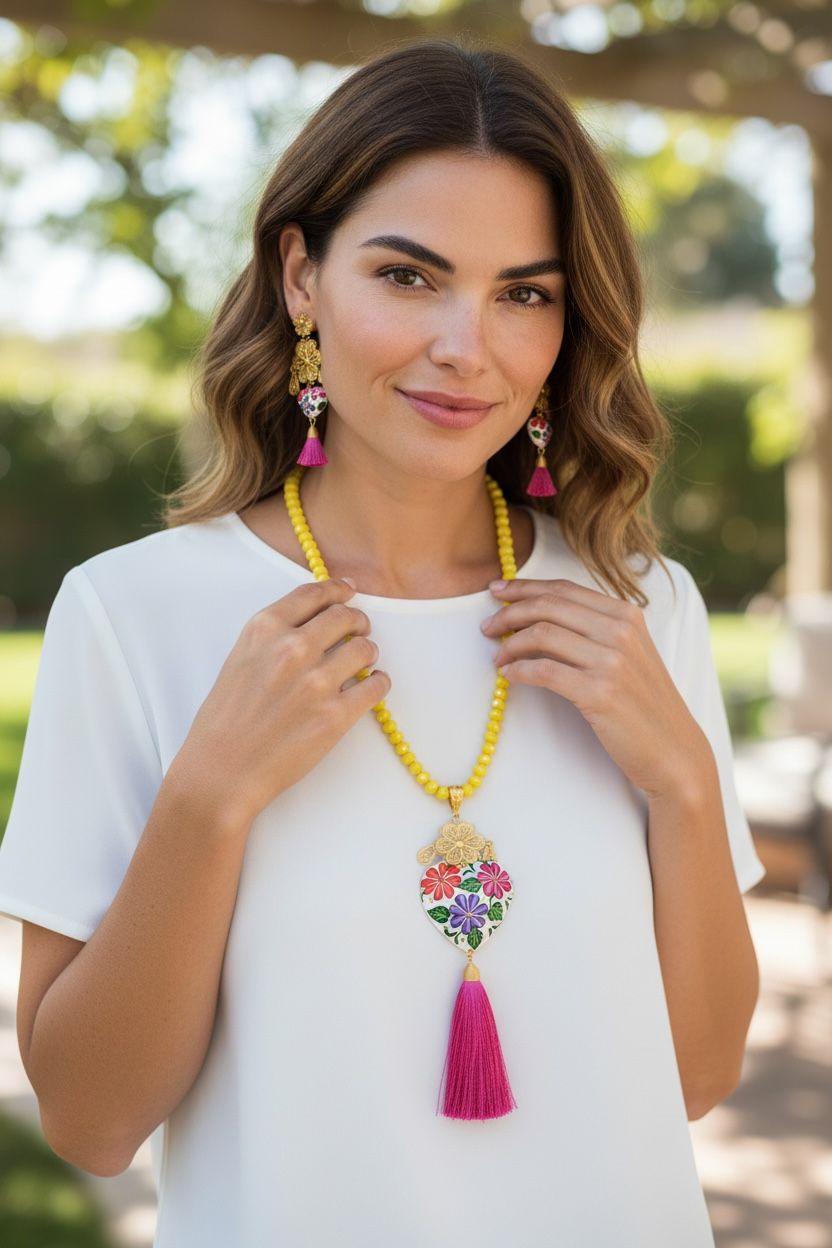 Conjunto de collar y aretes artesanales Filigrana y Copal