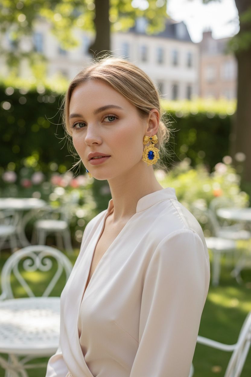 Pendientes dorados en filigrana con piedra azul