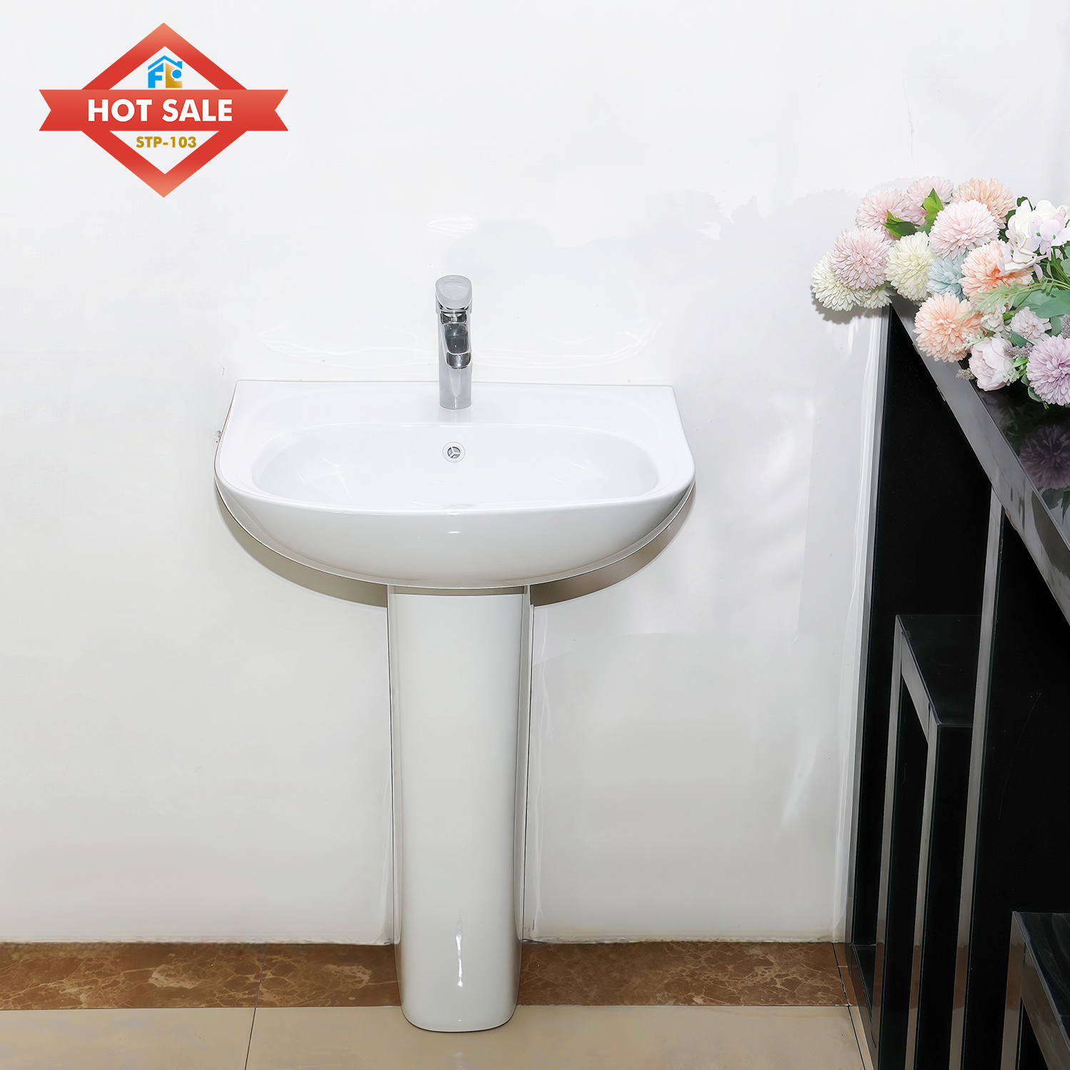 2025 Free Standing Pedestal Bathroom Sink Oval Porcelain Basin Single-Hole