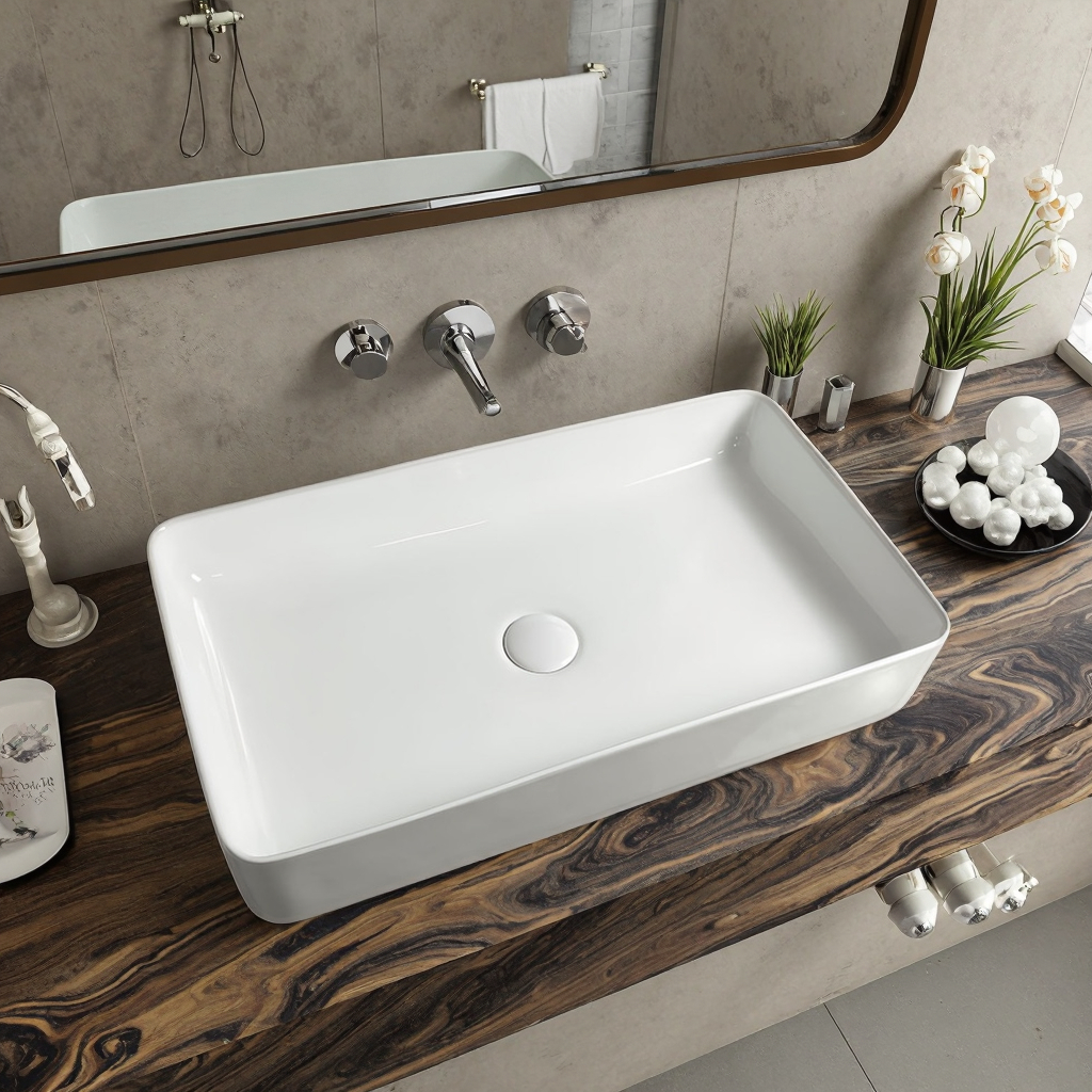 Modern White Rectangular Ceramic Lavatory Basin Easy Clean Polished Finish Top Mount 1 Year Warranty Hotels Washrooms