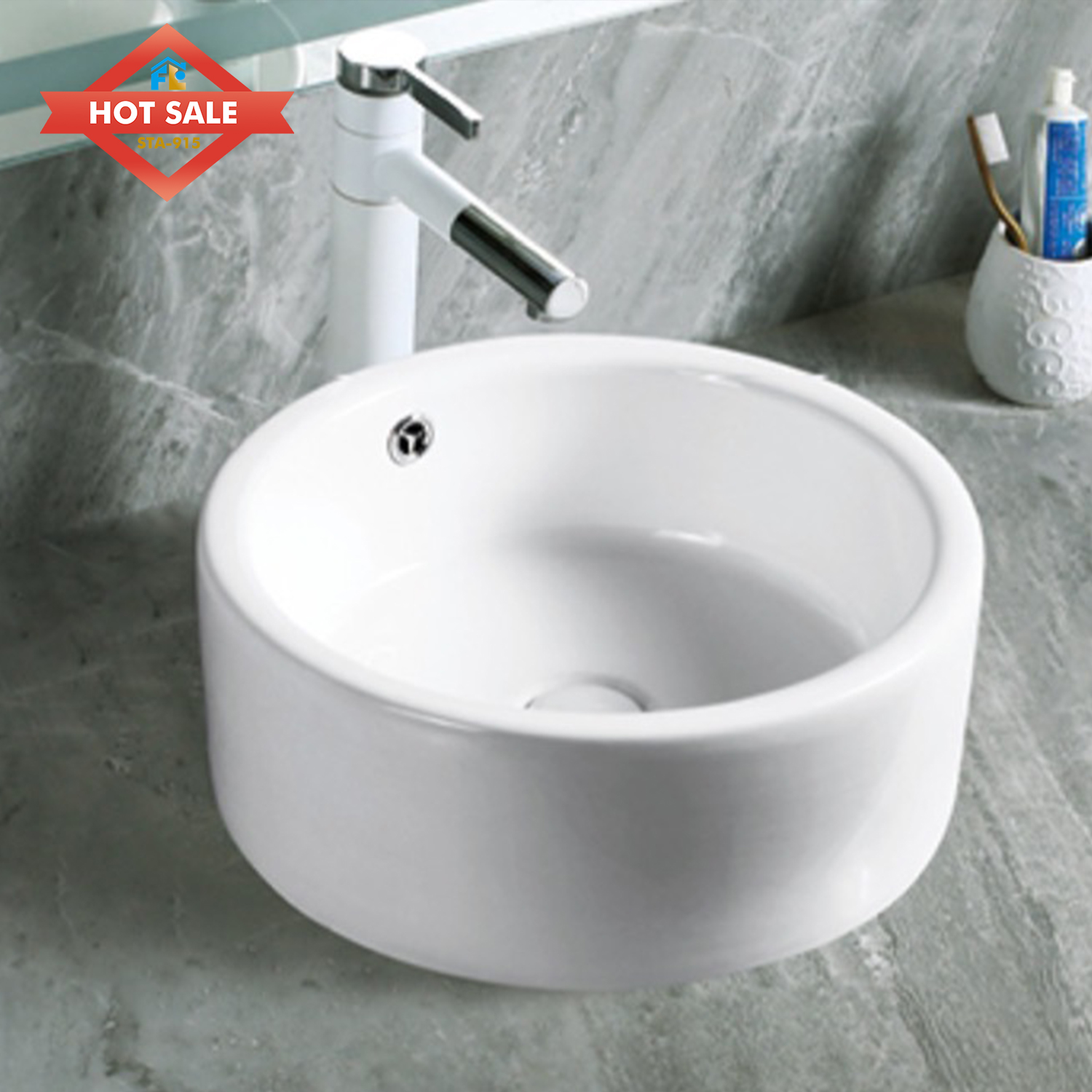Modern Freestanding Solid Ceramic Round Hand Basin Hotel Washroom Bathroom Counter Top Easy to Clean Polished Finish Sink