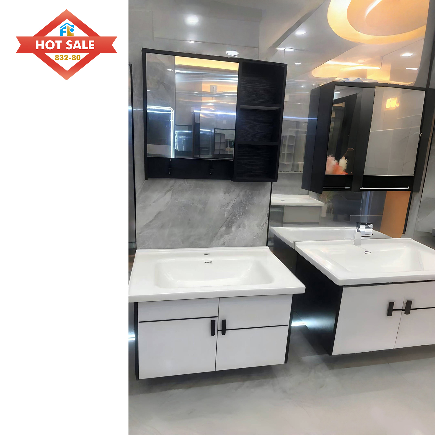 Floor Mounted Bathroom Vanity Cabinet with Mirror with Led Lights Ceramic Sink Bathroom Cabinet Vanity