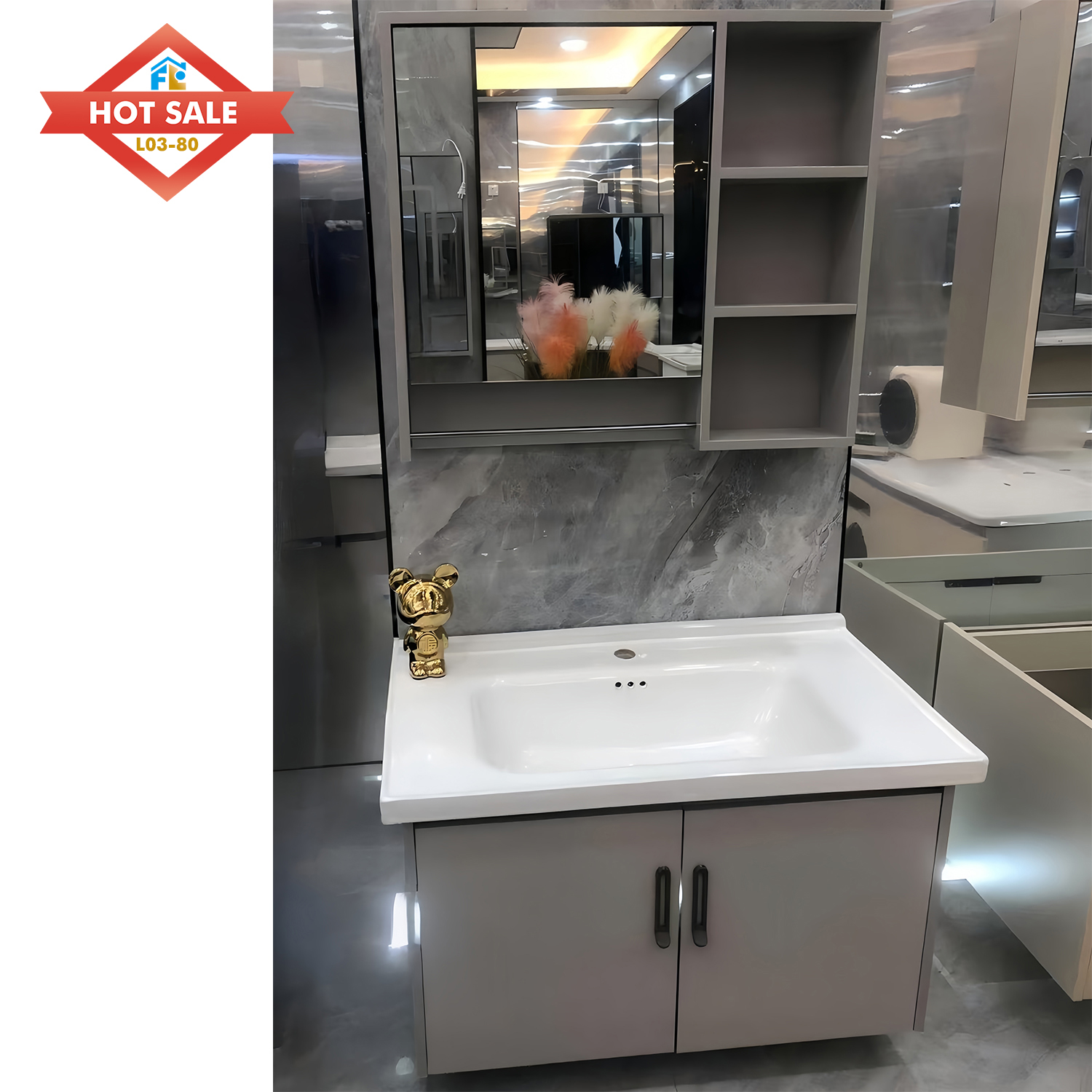 Luxury Design LED Mirror Customized Bathroom Cabinet Wall-Mounted Single Basin Vanity Water Resistant Sanitary Ware