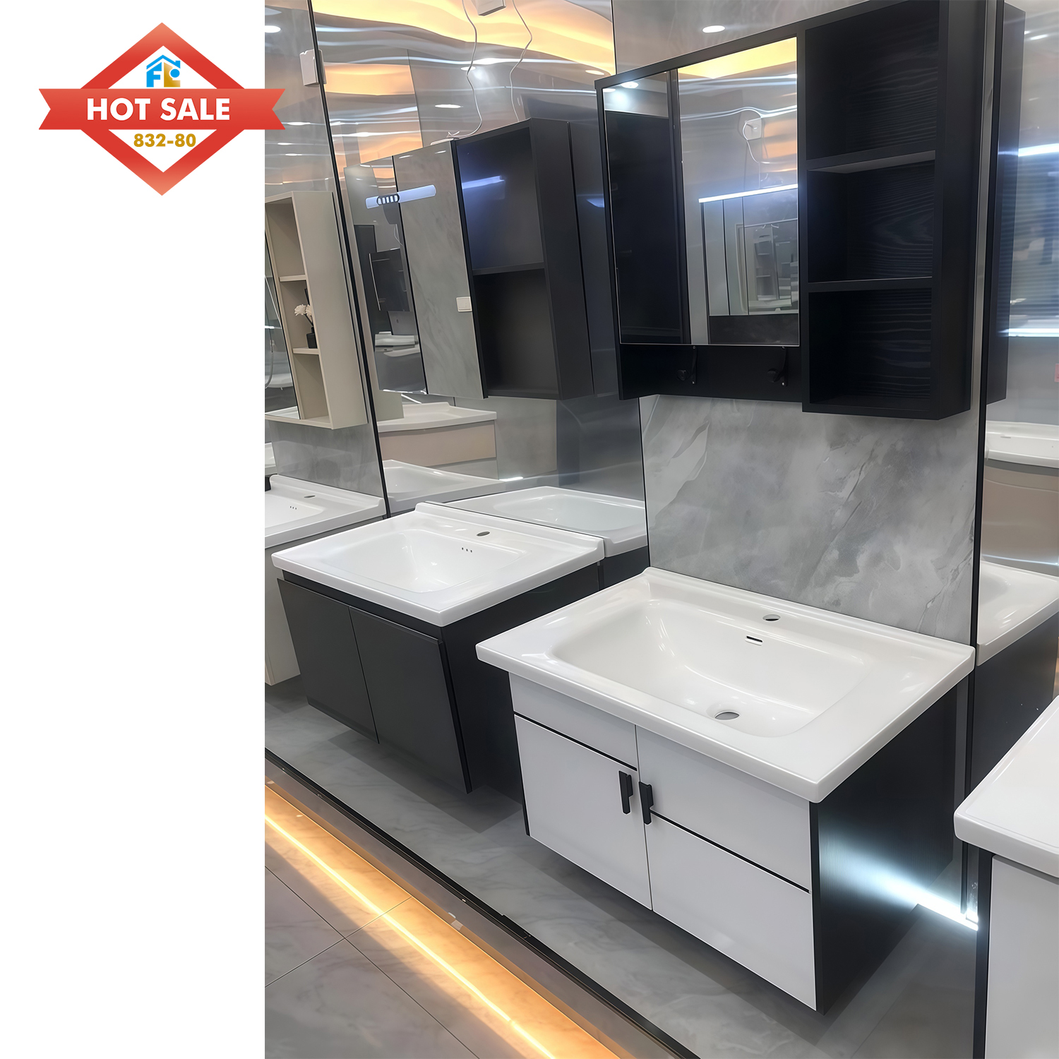 Floor Mounted Bathroom Vanity Cabinet with Mirror with Led Lights Ceramic Sink Bathroom Cabinet Vanity