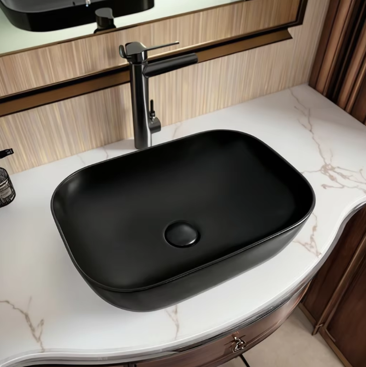 Modern Polished Black Ceramic Sink Basin Top Mount Easy Clean Smooth  for Washroom Hotels/Apartments/Villas