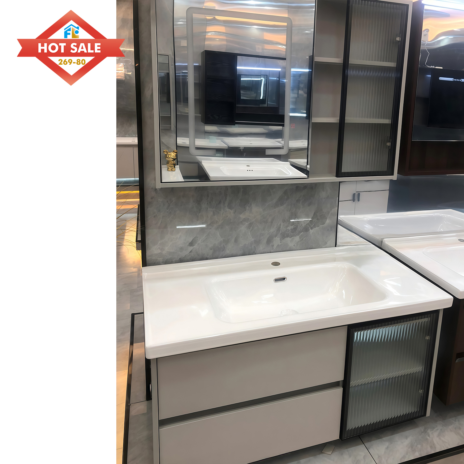 Morden Bathroom Vanity Floor Mounted Cabinet with Mirror with Led Lights Ceramic Sink Bathroom Cabinet Vanity