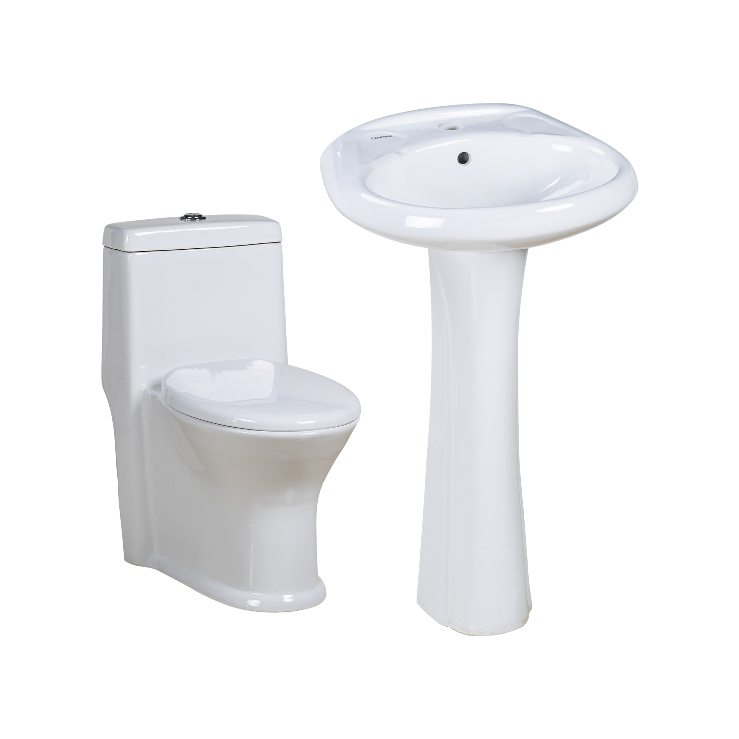 Ceramic One-Piece Toilet and Pedestal Basin Set: a Perfect Combination of Floor-Standing Washbasin and Toilet.