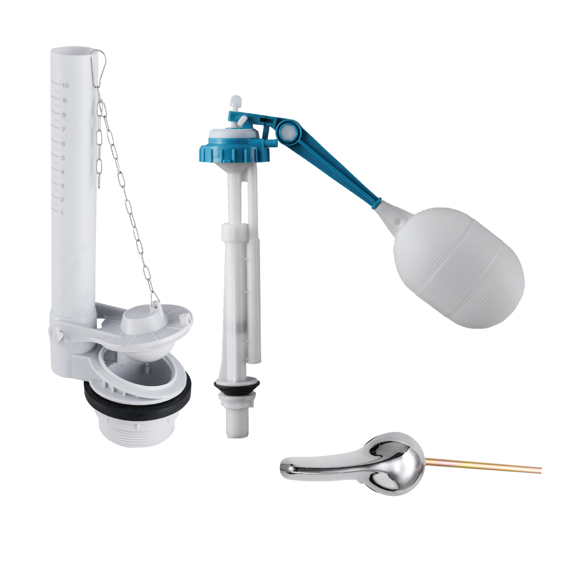 FLJS-10 Toilet Tank Repair Kit | Single-Flush Chain Flapper Valve + Float Ball Fill Valve + Chrome Side Lever | Universal Toilet Replacement Set