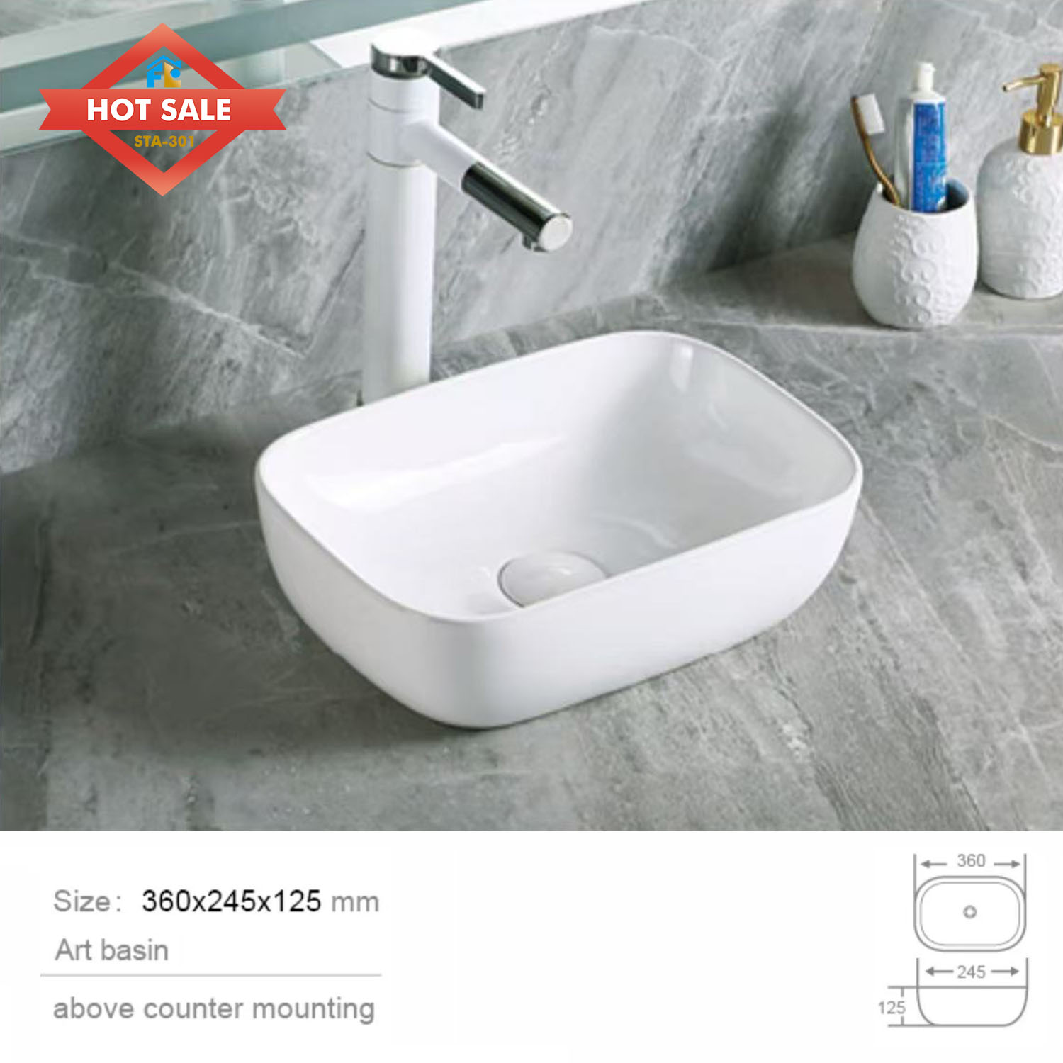 Modern Polished White Ceramic Sink Basin Top Mount Easy Clean Smooth 1 Year Warranty for Washroom Hotels/Apartments/Villas