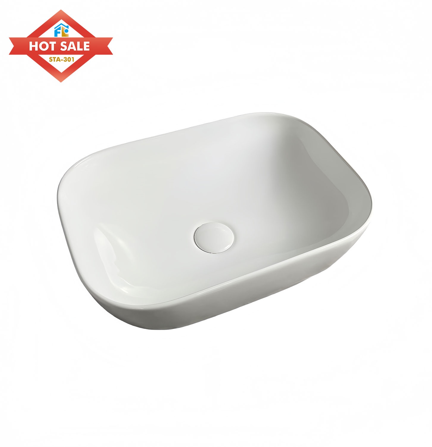 Modern Polished White Ceramic Sink Basin Top Mount Easy Clean Smooth 1 Year Warranty for Washroom Hotels/Apartments/Villas