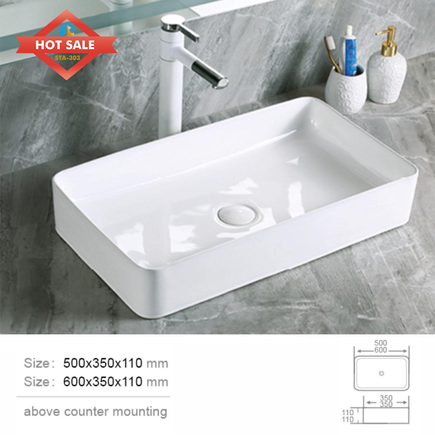 Modern White Rectangular Ceramic Lavatory Basin Easy Clean Polished Finish Top Mount 1 Year Warranty Hotels Washrooms