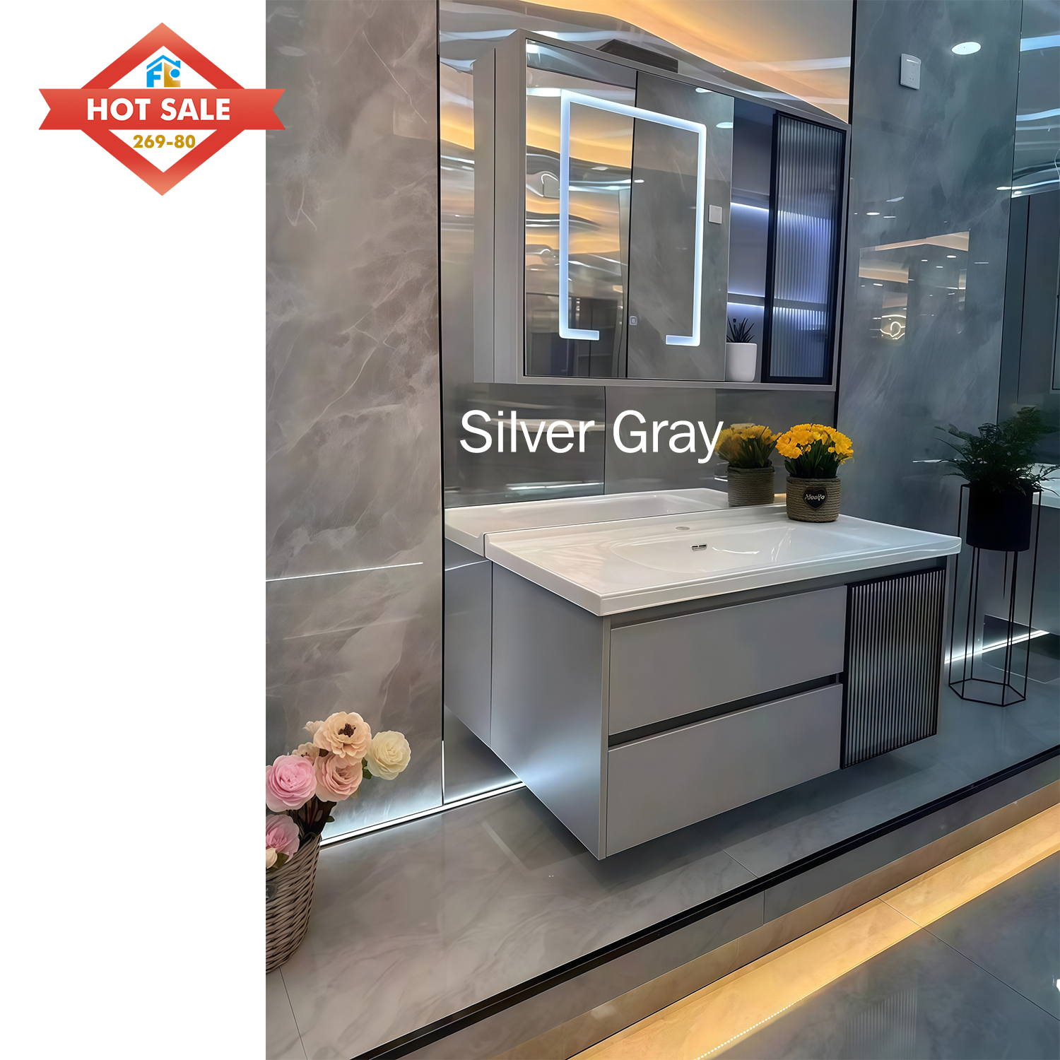 Morden Bathroom Vanity Floor Mounted  Cabinet with Mirror with Led Lights Ceramic Sink Bathroom Cabinet Vanity