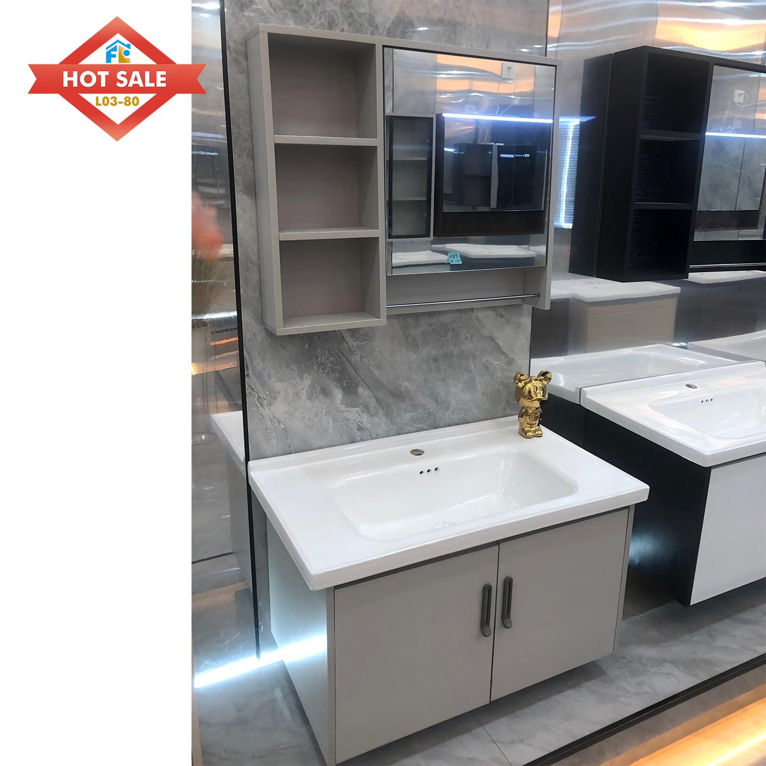 Luxury Design LED Mirror Customized Bathroom Cabinet Wall-Mounted Single Basin Vanity Water Resistant Sanitary Ware