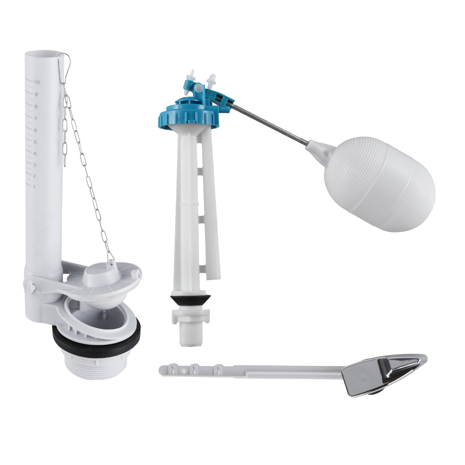 FLJS-04 Single-Flush Toilet Repair Kit | Chain-Handle Flush Valve + Float Ball Fill Valve + Side Lever Handle | Universal Cistern Replacement