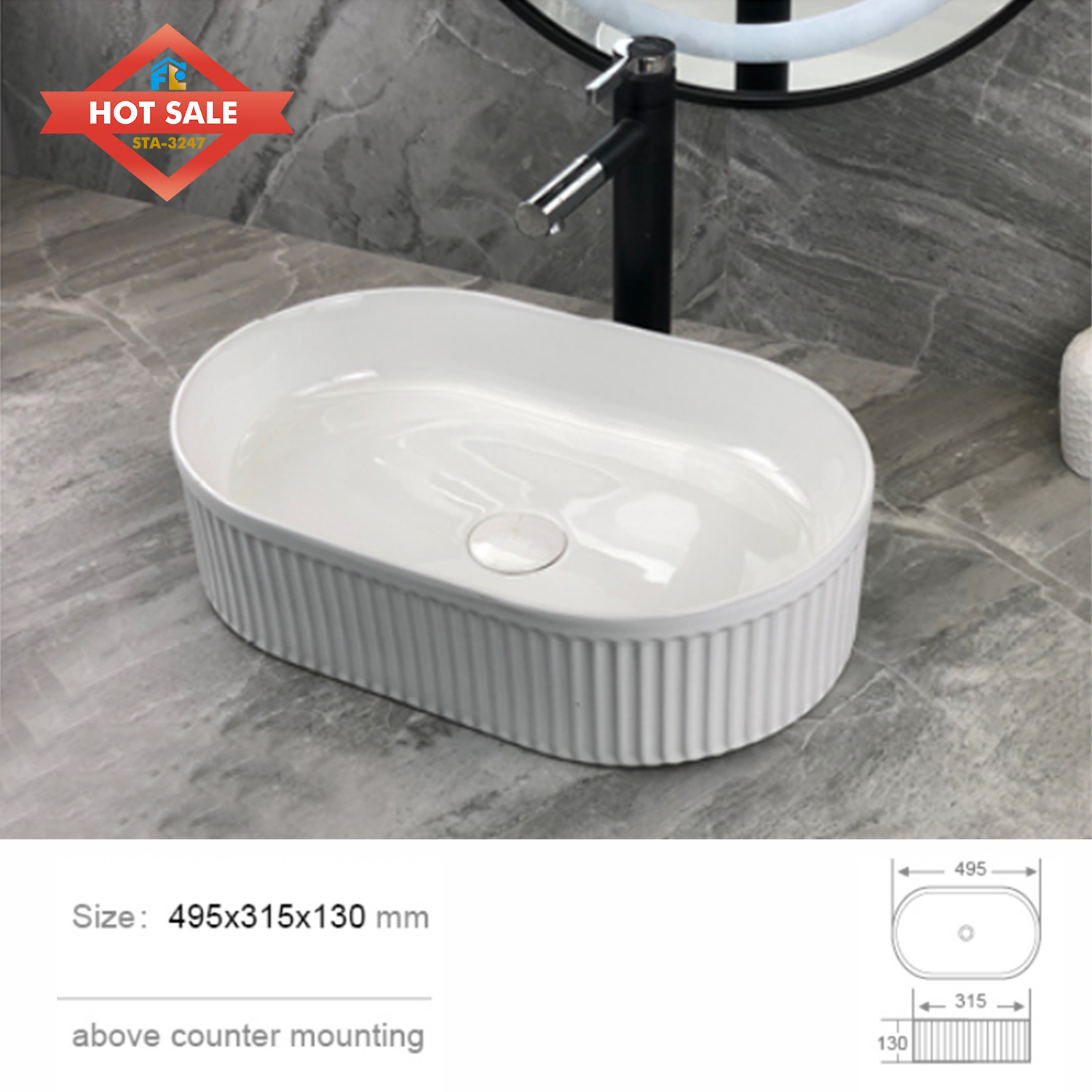 Modern Design Oval Ceramic Basin Sink for Washroom Villa Hotel Projects with Counter Top Installation