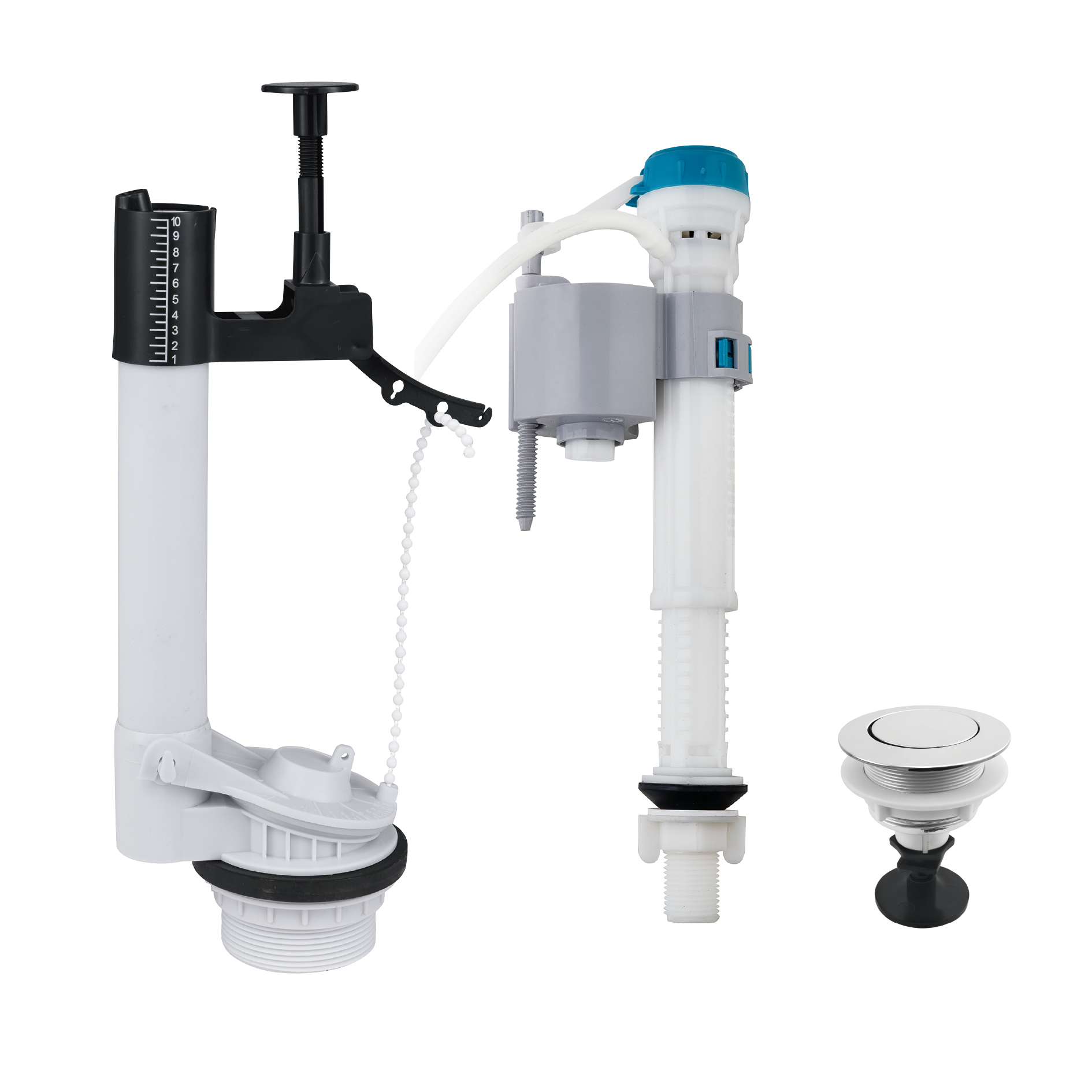 FLJS-08 Single-Flush Toilet Repair Kit | Chain-Style Flush Valve + Adjustable Fill Valve + Push Button | Universal Cistern Replacement Parts