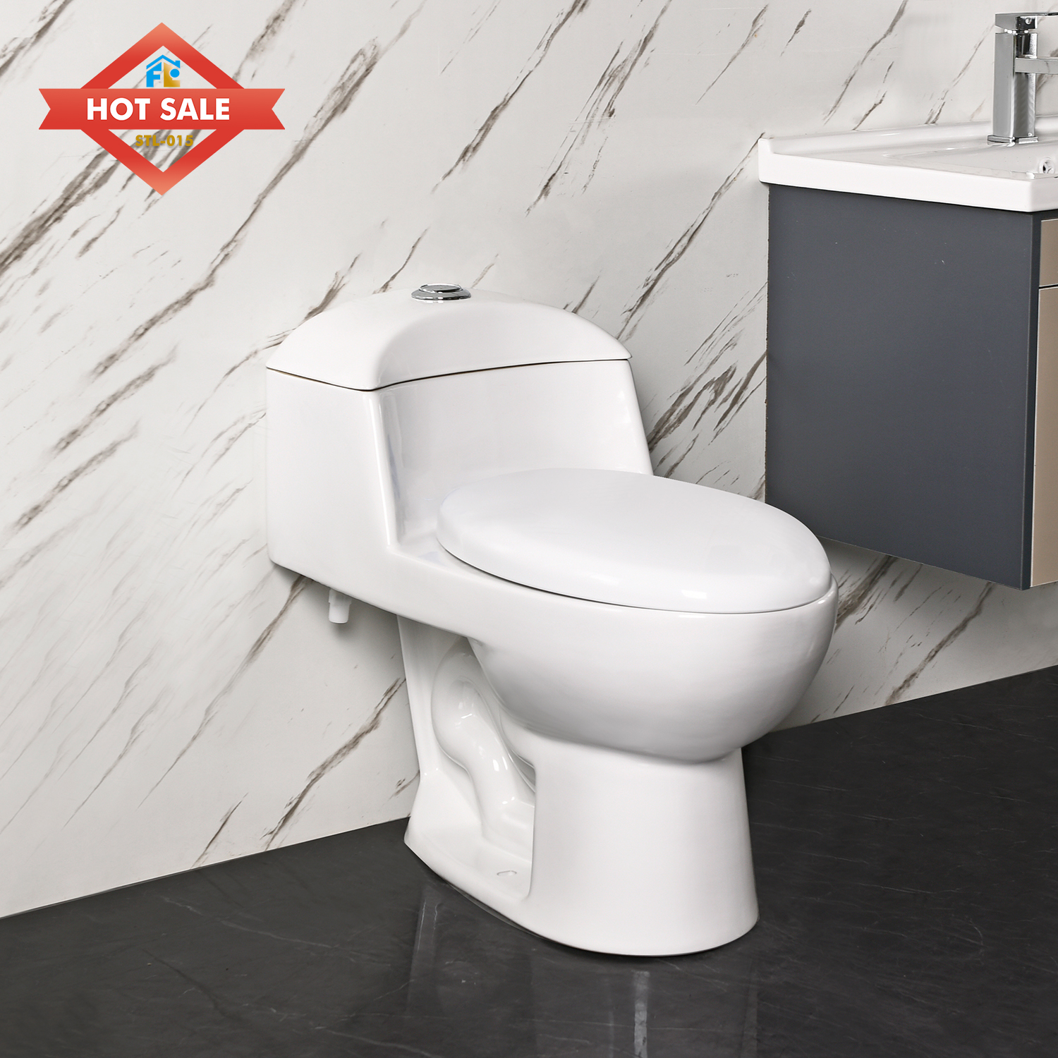 Ceramic One-Piece Toilet and Pedestal Basin Set: a Perfect Combination of Floor-Standing Washbasin and Toilet.