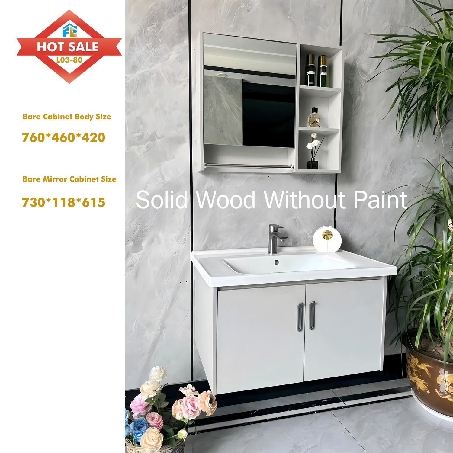 Luxury Design LED Mirror Customized Bathroom Cabinet Wall-Mounted Single Basin Vanity Water Resistant Sanitary Ware