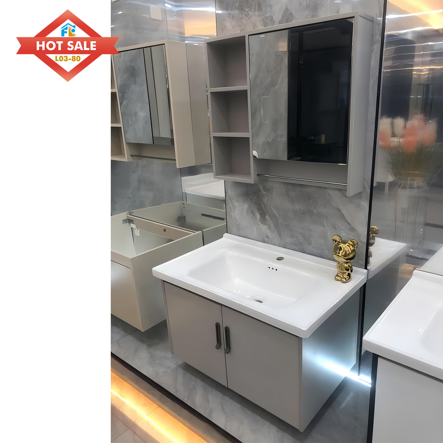 Luxury Design LED Mirror Customized Bathroom Cabinet Wall-Mounted Single Basin Vanity Water Resistant Sanitary Ware