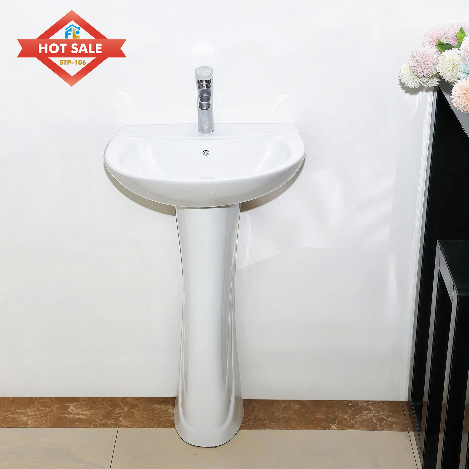Hotel High Temperature Ceramic Sinks Bathroom Floor Mounting Full Pedestal Basin