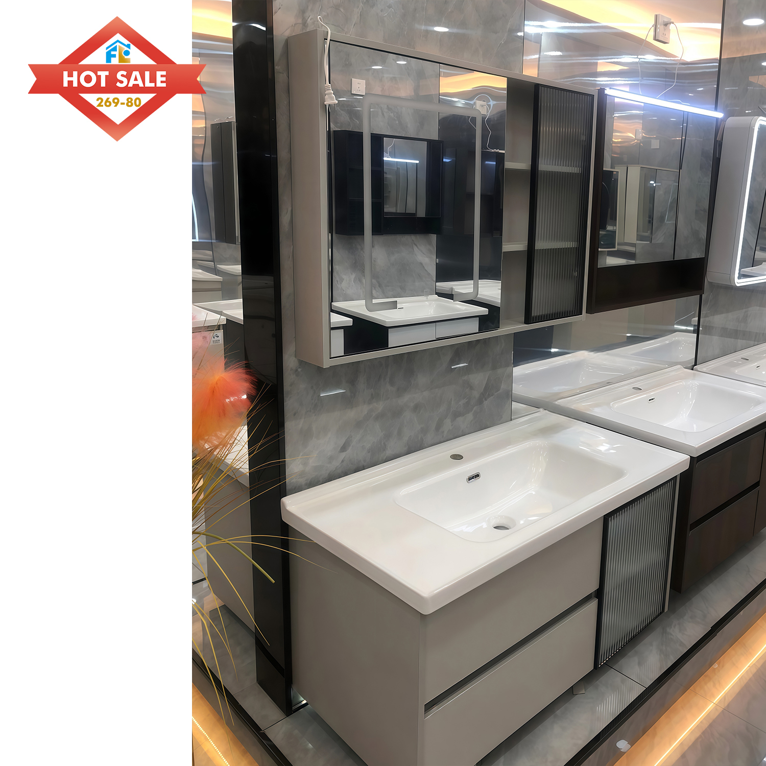 Morden Bathroom Vanity Floor Mounted  Cabinet with Mirror with Led Lights Ceramic Sink Bathroom Cabinet Vanity