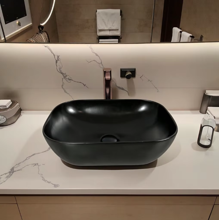 Modern Polished Black Ceramic Sink Basin Top Mount Easy Clean Smooth  for Washroom Hotels/Apartments/Villas