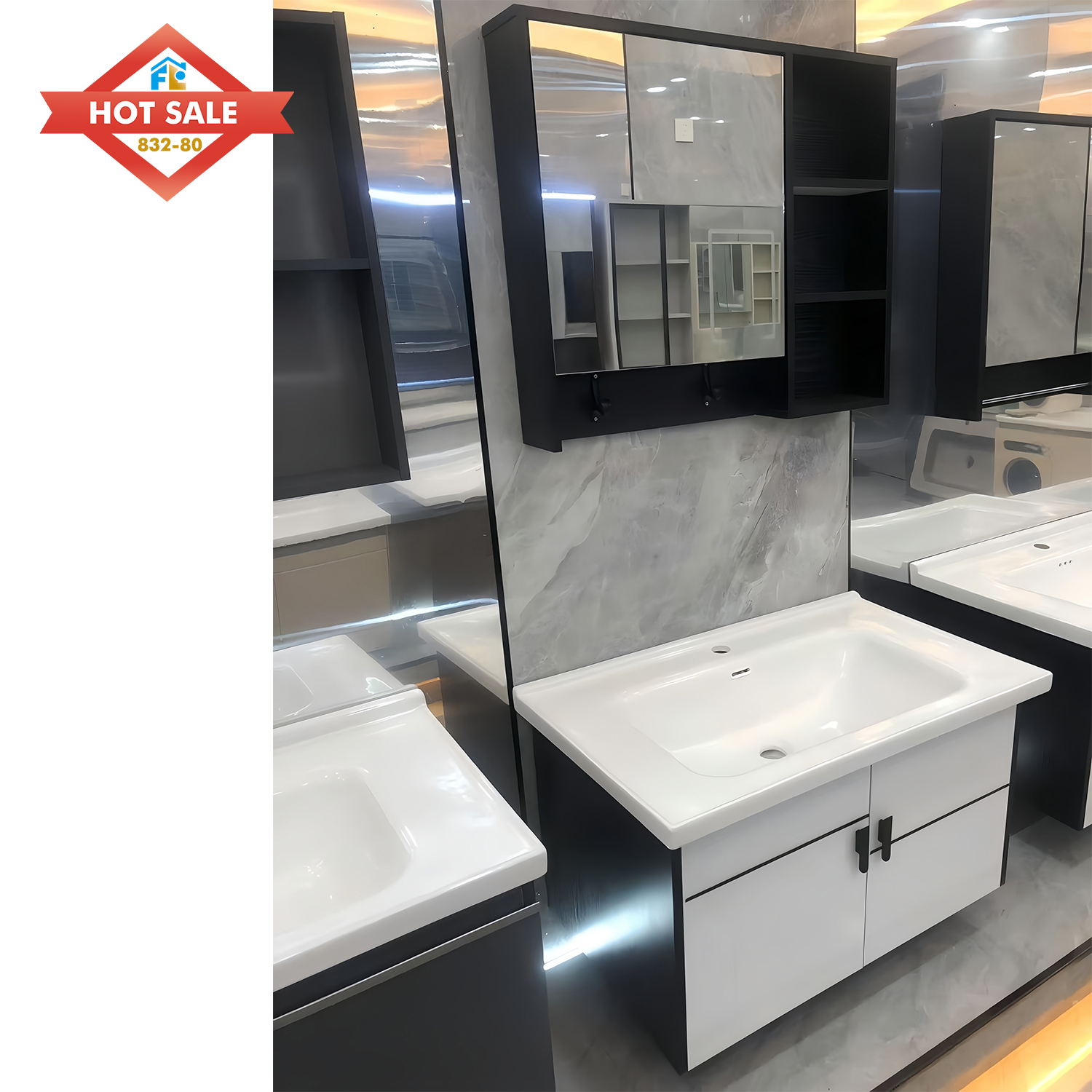 Floor Mounted Bathroom Vanity Cabinet with Mirror with Led Lights Ceramic Sink Bathroom Cabinet Vanity