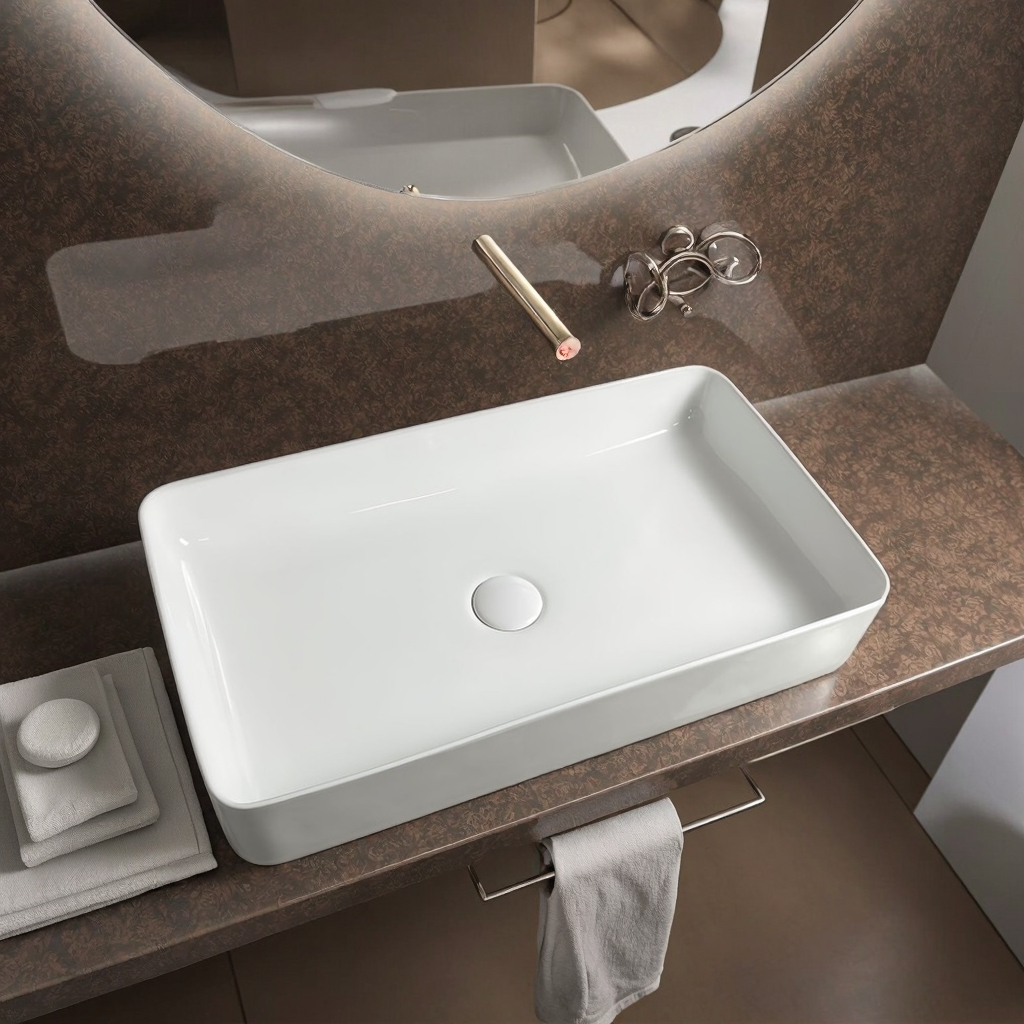 Modern White Rectangular Ceramic Lavatory Basin Easy Clean Polished Finish Top Mount 1 Year Warranty Hotels Washrooms