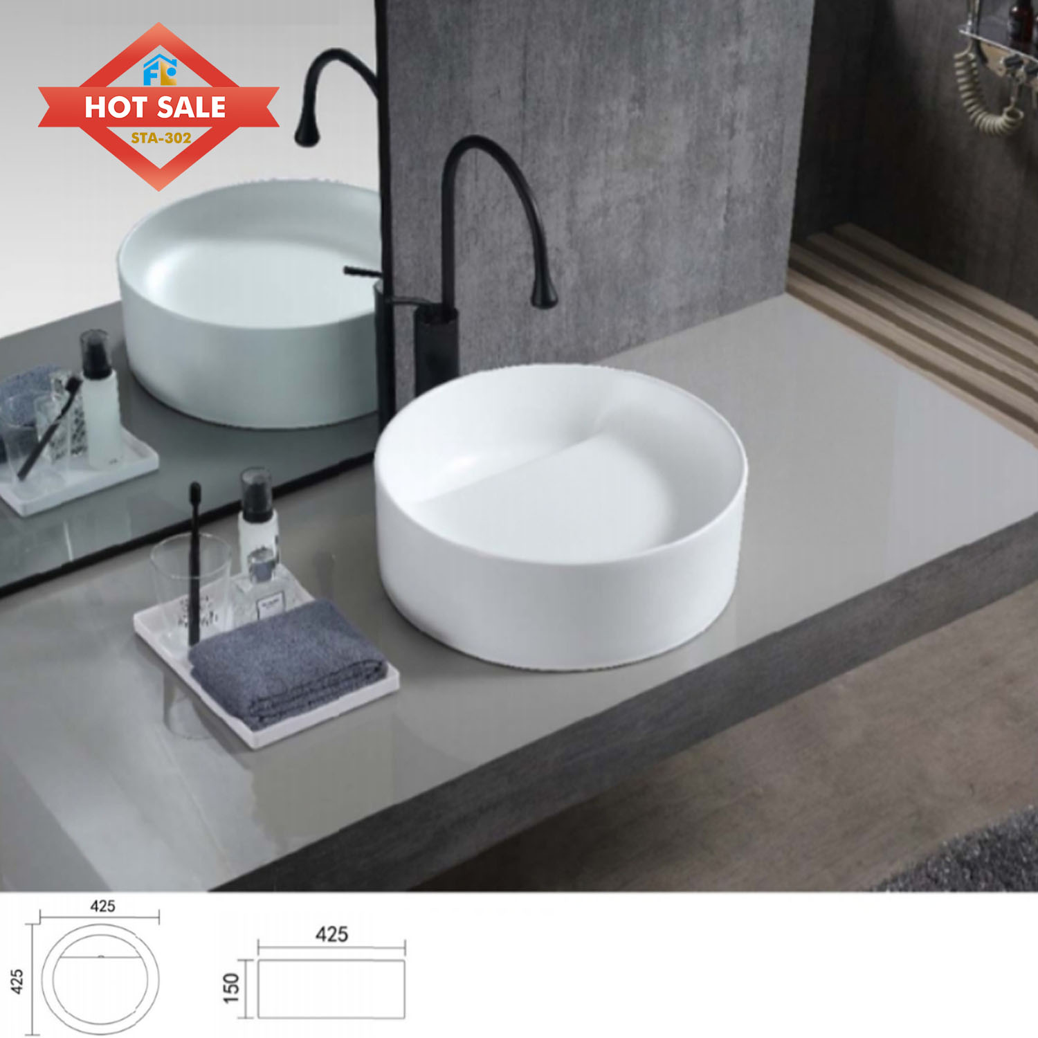 Modern Design Freestanding Solid Ceramic Hand Basin Hotel Bathroom Counter Top Polished Finish Easy to Clean Sink
