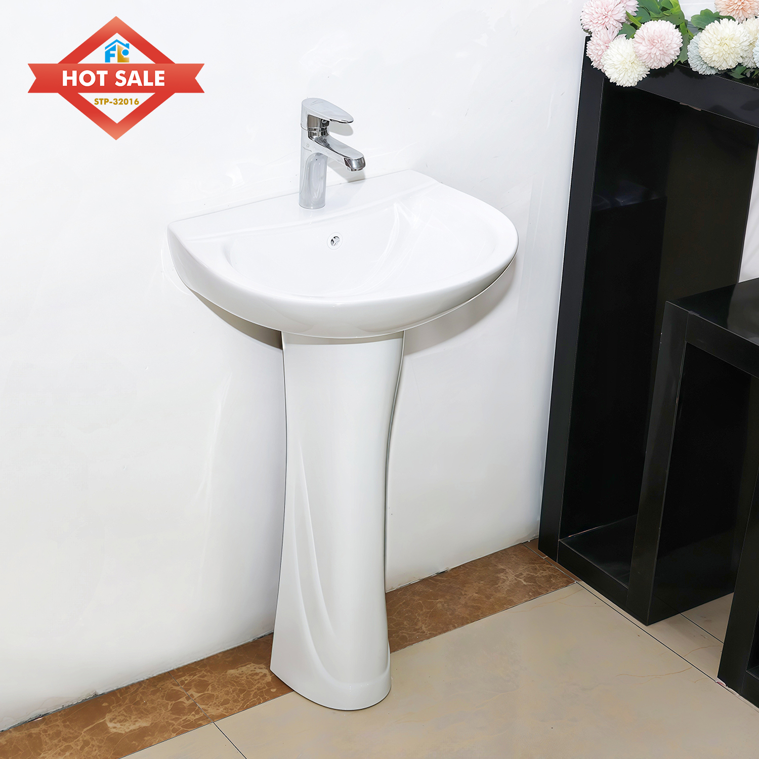 White Color Solid Surface Easy Clean Glaze Ceramic Floor Standing Wash Basin Bathroom for Hotel