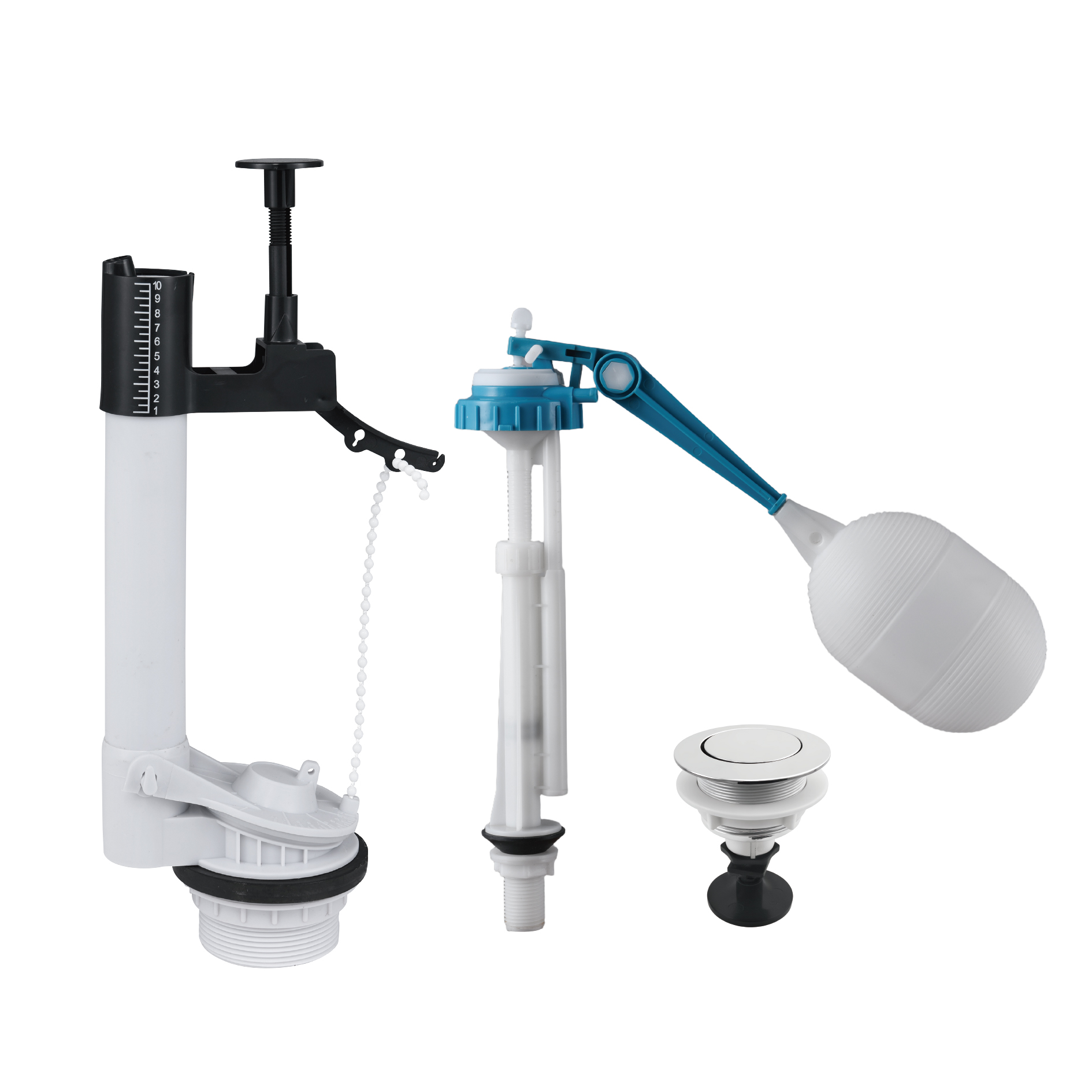 FLJS-09 Dual-Flush Toilet Repair Kit | Chain-Style Dual Flush Valve + Float Ball Fill Valve + Dual Push Button | Universal Cistern Replacement Parts