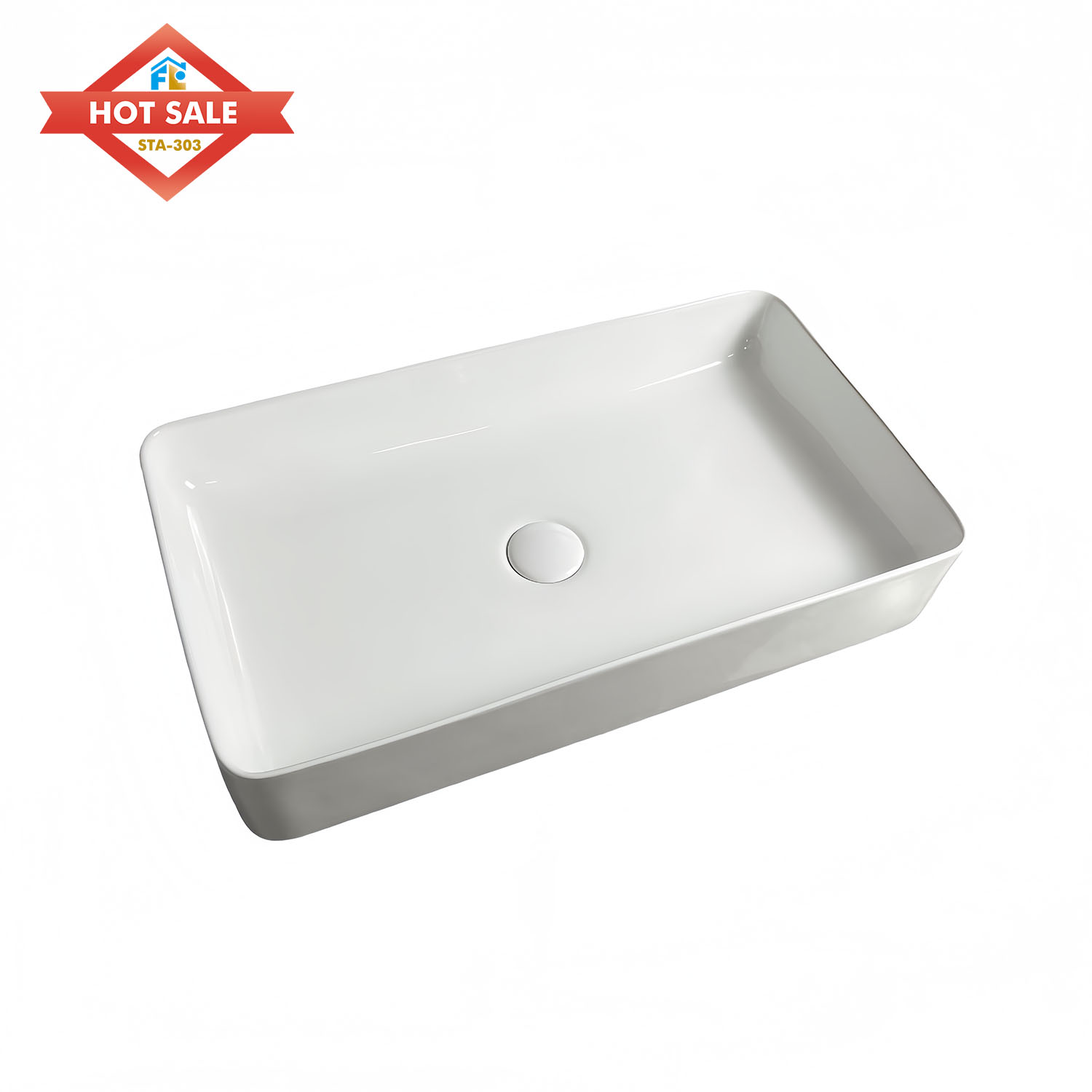 Modern White Rectangular Ceramic Lavatory Basin Easy Clean Polished Finish Top Mount 1 Year Warranty Hotels Washrooms