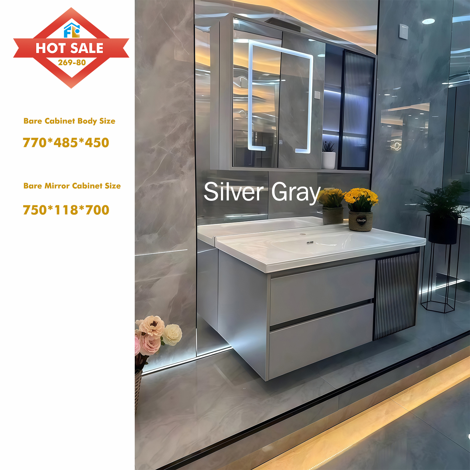 Morden Bathroom Vanity Floor Mounted  Cabinet with Mirror with Led Lights Ceramic Sink Bathroom Cabinet Vanity