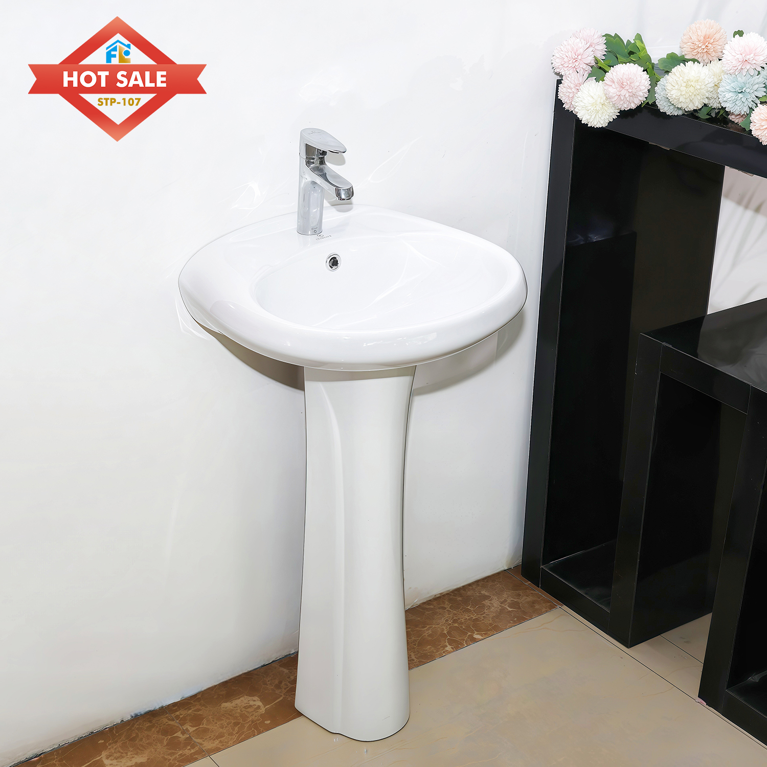Modern Durable Ceramic Pedestal Basin with Easy Clean Feature Shampoo Sink for Home Bathroom
