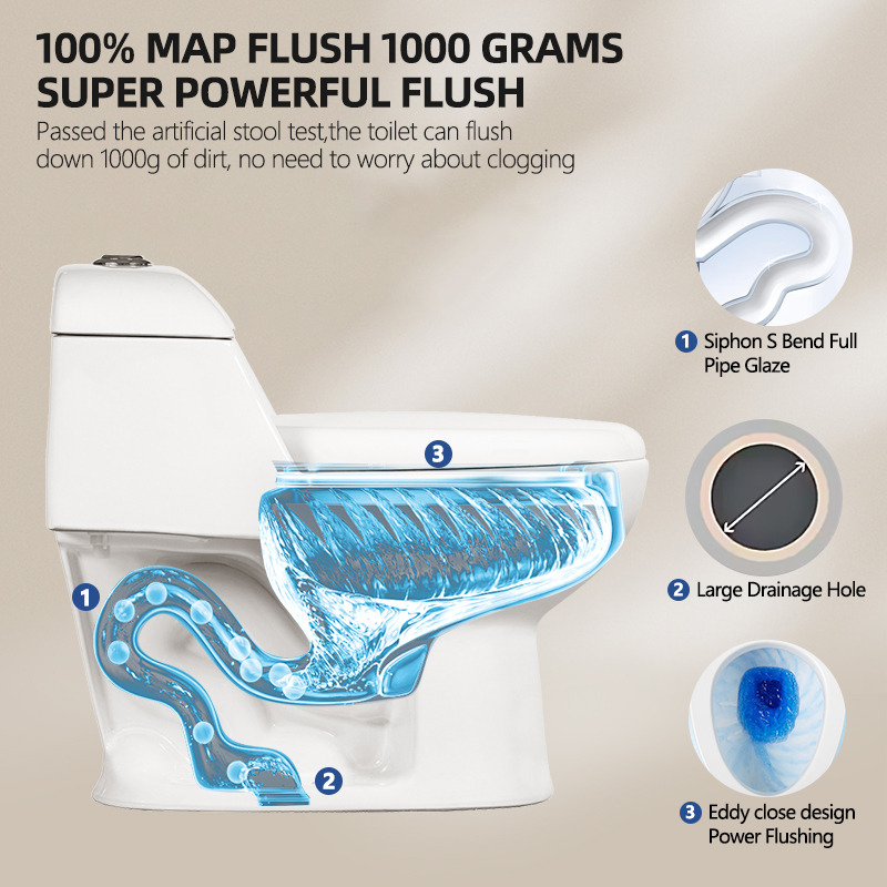 Factory One-Piece Silent Ceramic WC Toilet with Large Caliber Siphon Elongated Bowl Shape for Schools Exported to South America