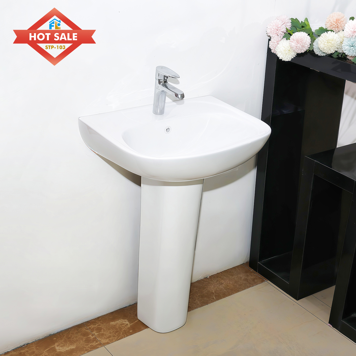 White Ceramic Pedestal Basin Wash Sinks for Bathroom Installation Ceramic Lavatory for Hand Sanitary Use