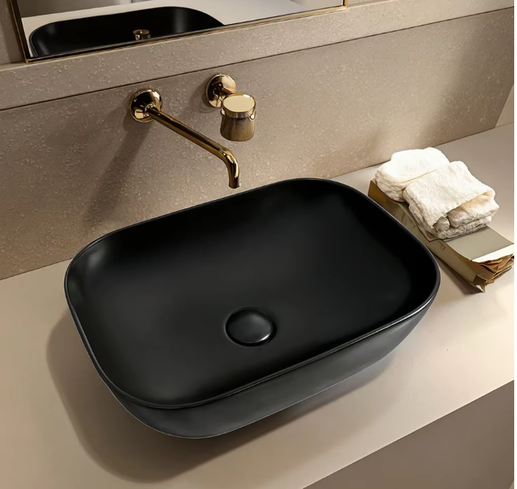 Modern Polished Black Ceramic Sink Basin Top Mount Easy Clean Smooth  for Washroom Hotels/Apartments/Villas