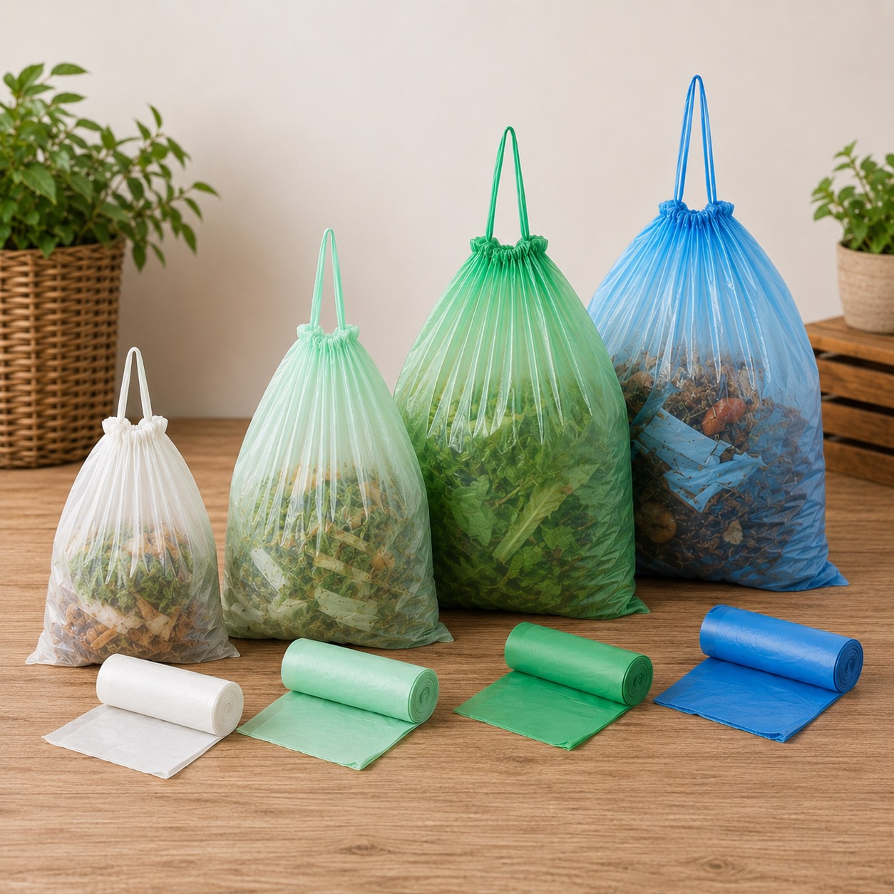 Compostable Bio-Plastic Drawstring Bag Rolls