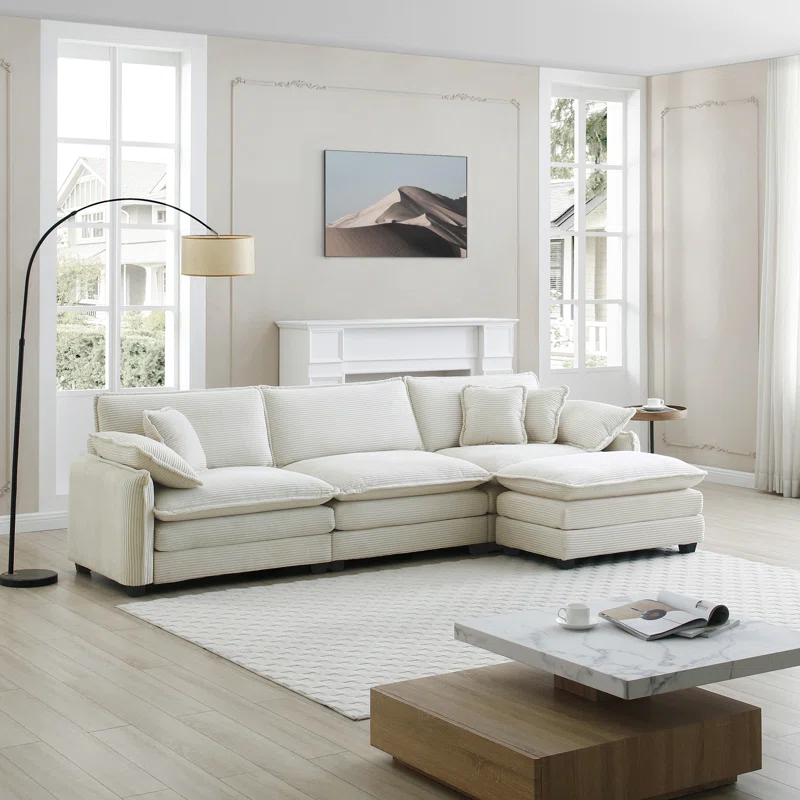 Kaoruko Oversize 3-seater Sofa With One Footrest, L-shaped Sectional Sofa With Ottoman For Living Rooms