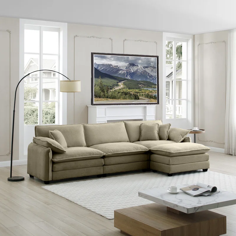 Kaoruko Oversize 3-seater Sofa With One Footrest, L-shaped Sectional Sofa With Ottoman For Living Rooms