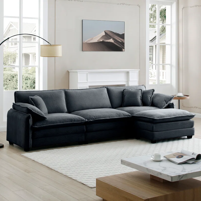 Kaoruko Oversize 3-seater Sofa With One Footrest, L-shaped Sectional Sofa With Ottoman For Living Rooms
