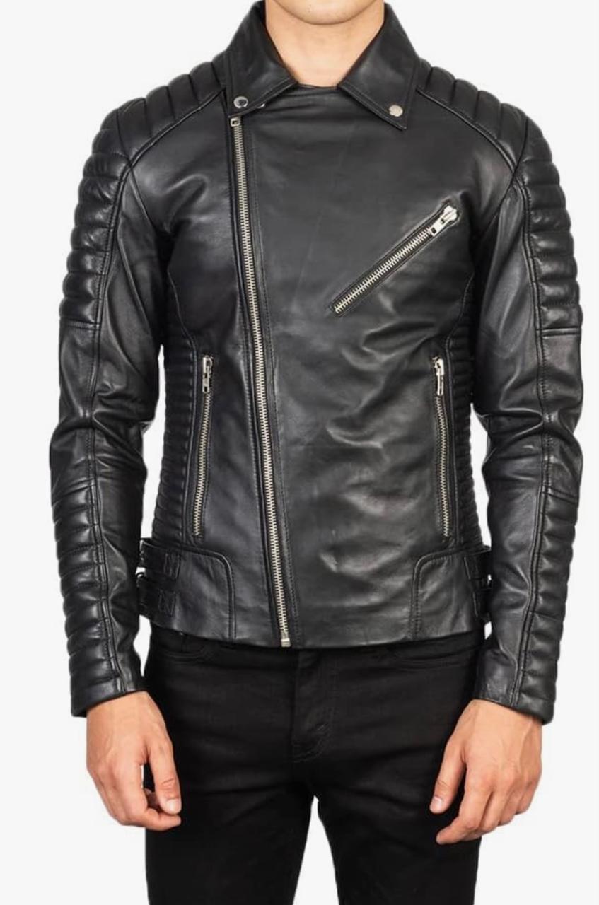 Men's Quilted Leather Biker Jacket in Black