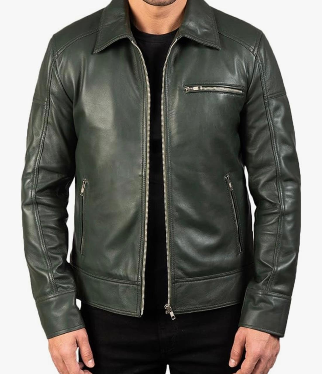 Men's Classic Leather Jacket in Dark Green 