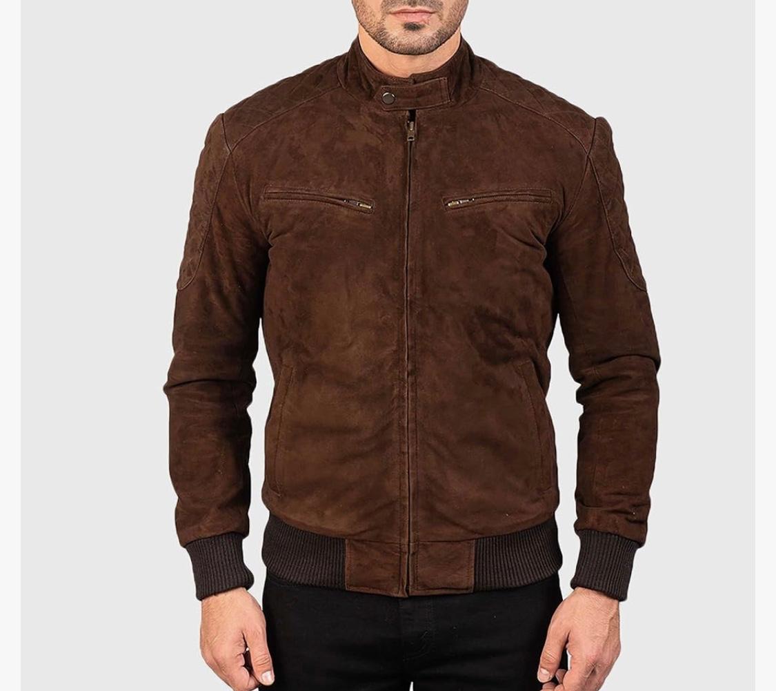 Brown Suede Bomber Jacket With Ribbed Trim