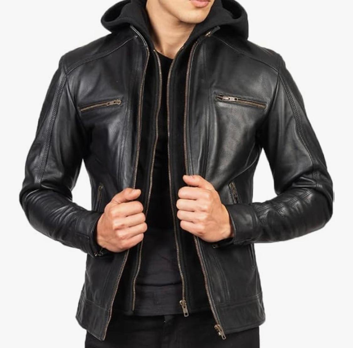 Men's Black Leather Jacket with Hood