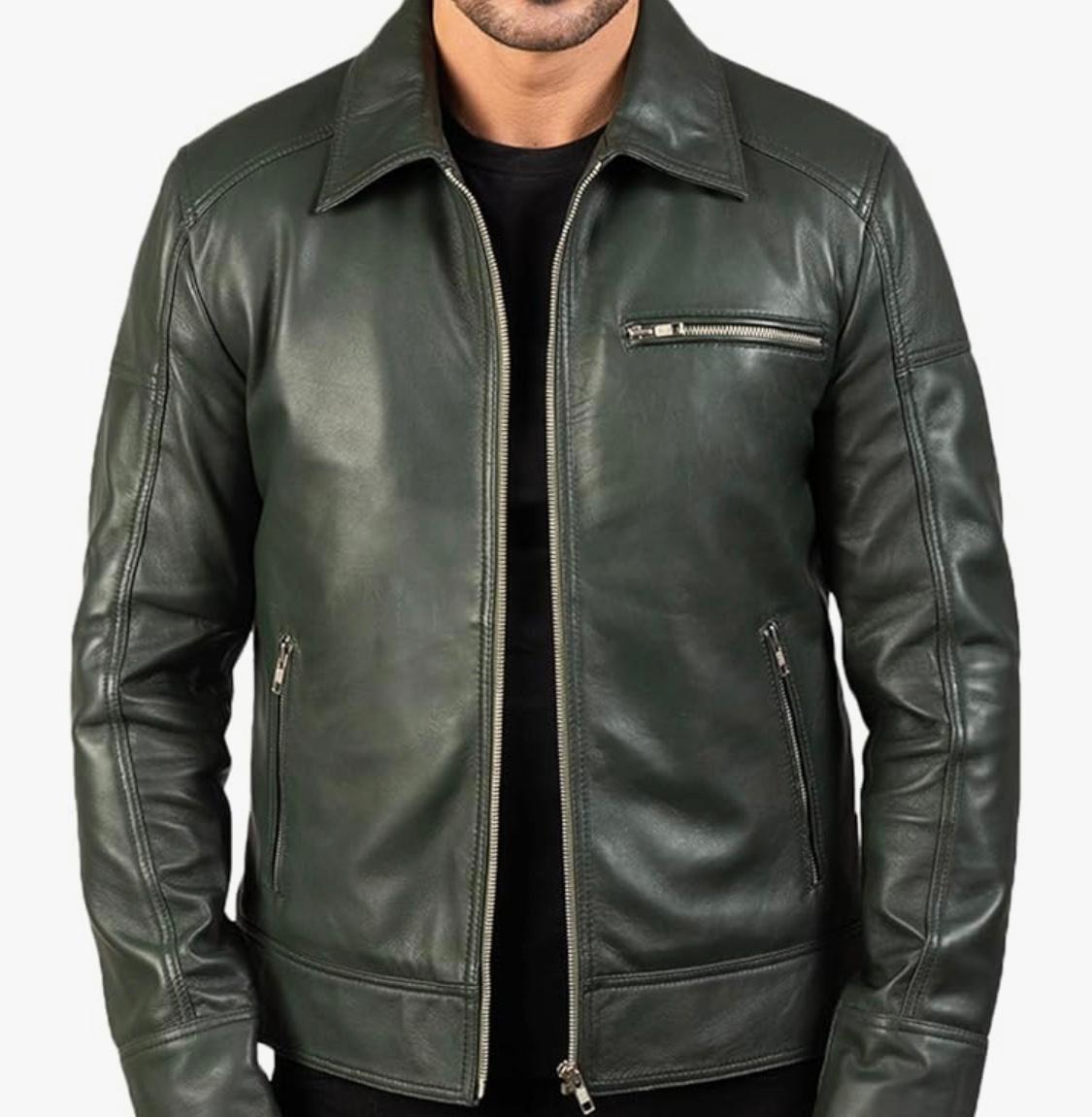 Men's Classic Leather Jacket in Dark Green 