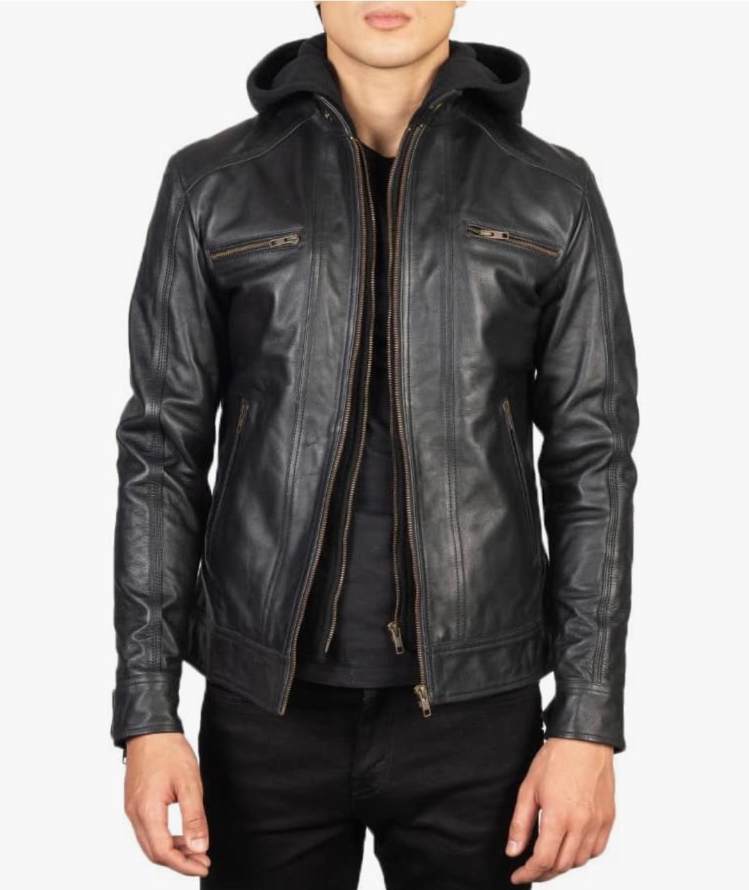 Men's Black Leather Jacket with Hood
