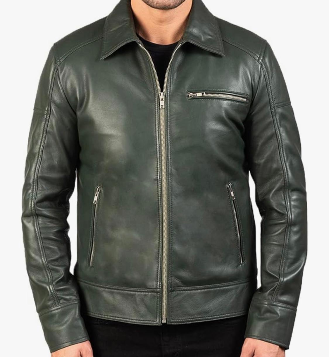 Men's Classic Leather Jacket in Dark Green 